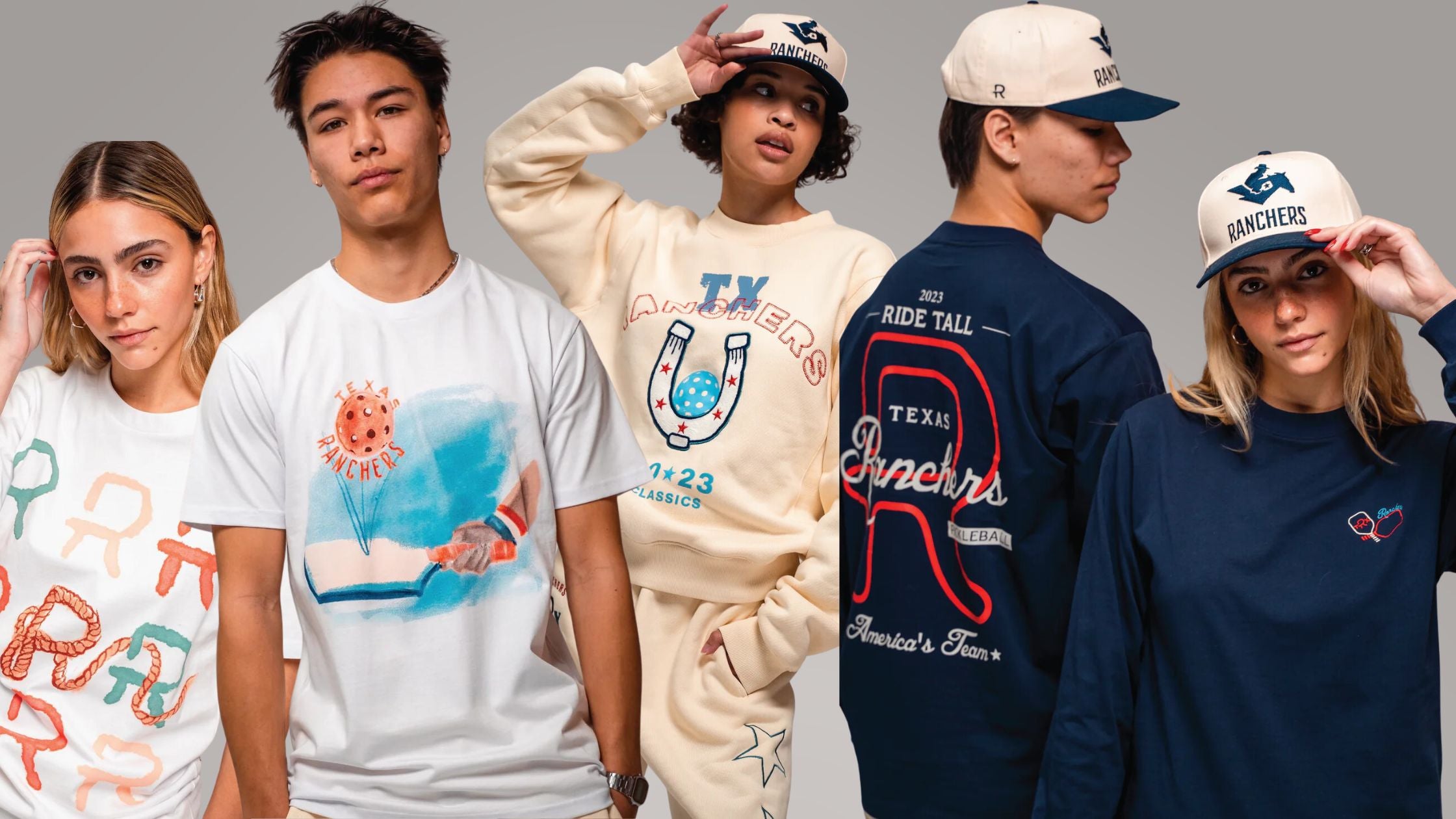 a diverse group of young people wearing the pickleball apparel collection by Ranchers